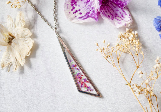 Real Pressed Flower and Resin Necklace in Mint Green, Purples, and Pinks Mix