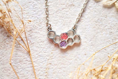 Real Dried Flowers in Honeycomb Resin Necklace in Pink and Purple