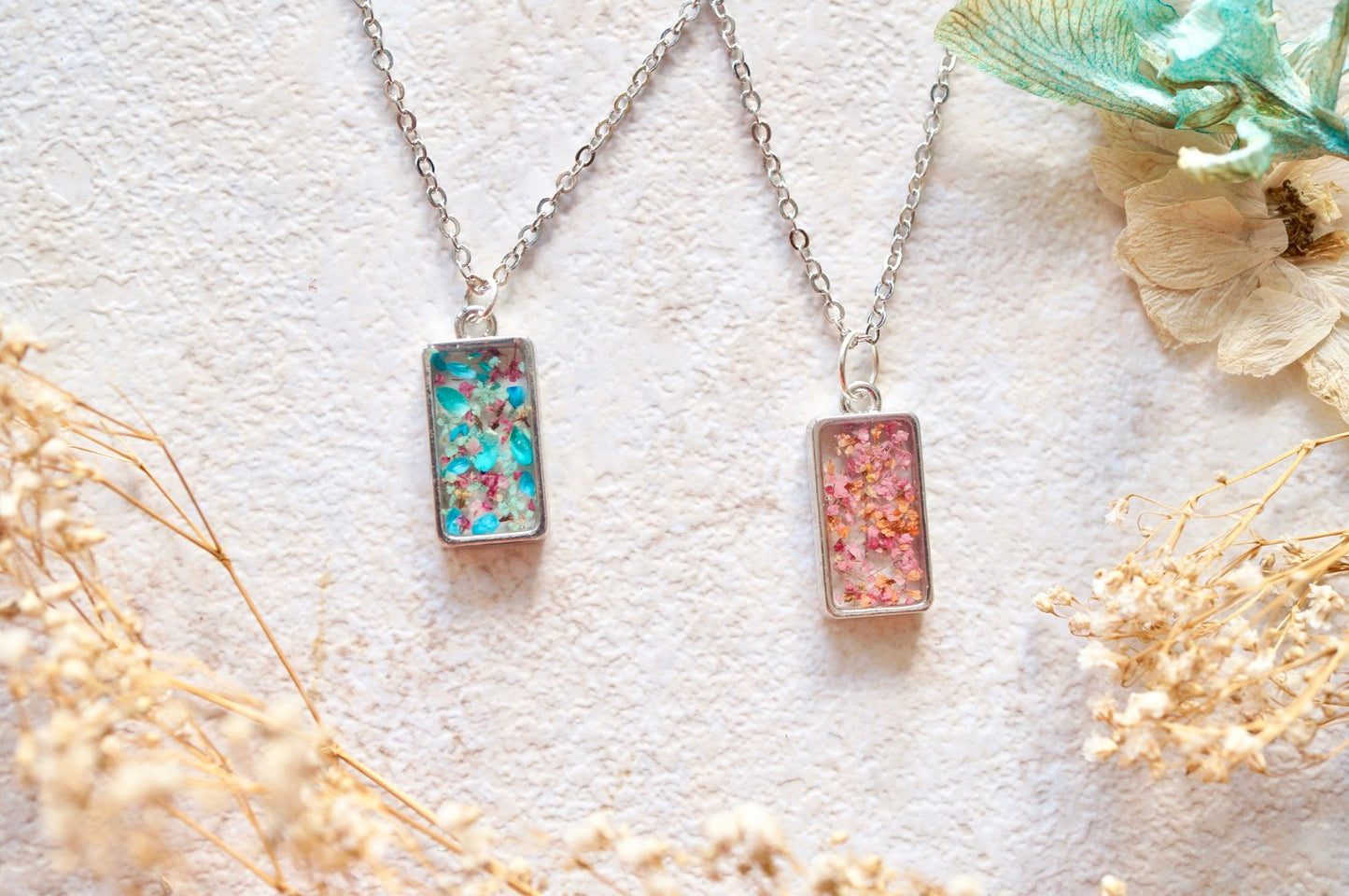 Real Dried Flowers in Resin Necklace in Pinks and Oranges
