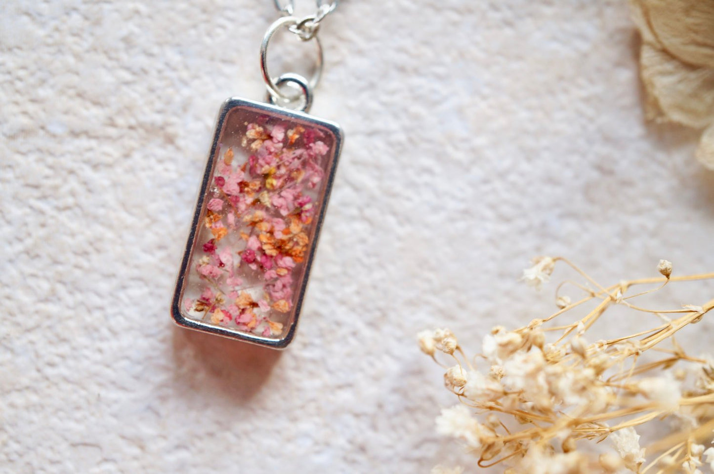Real Dried Flowers in Resin Necklace in Pinks and Oranges