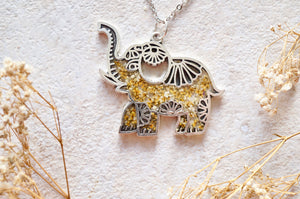Real Dried Flowers in Resin Silver Tribal Elephant Necklace in Yellow White Mix