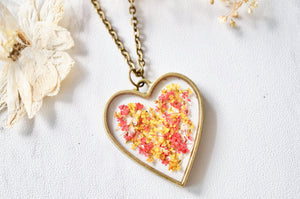 Real Dried Flowers in Resin Heart Necklace in Red Yellow Mix