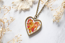 Real Pressed Flowers in Resin Heart Necklace in Red Yellow Mix
