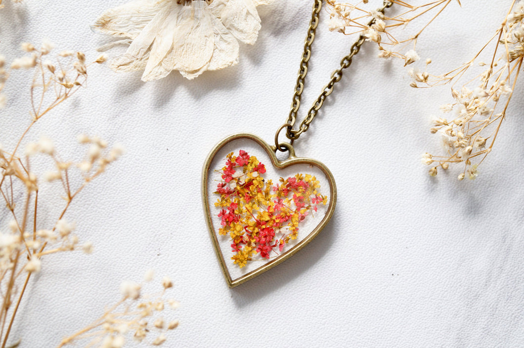 Real Dried Flowers in Resin Heart Necklace in Red Yellow Mix