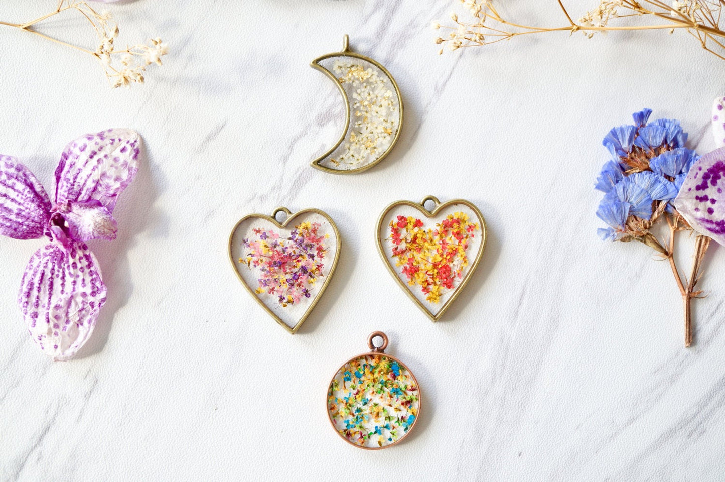 Real Pressed Flowers in Resin, Gold Heart Necklace in Teal and Purple