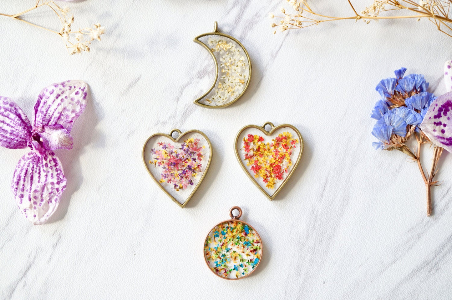 Real Pressed Flowers in Resin Necklace, Bronze Rectangle in Green and Pink