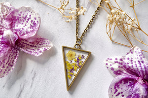 Real Dried Flowers in Resin Necklace Purple Yellow Mix