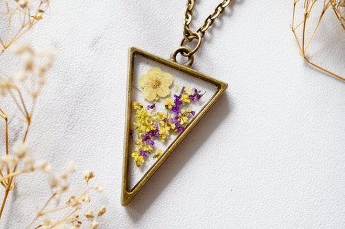 Real Dried Flowers in Resin Necklace Purple Yellow Mix