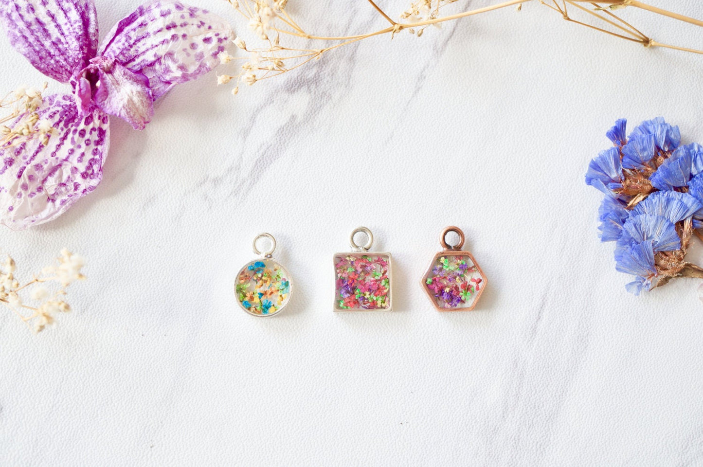 Real Pressed Flowers in Resin Necklace, Small Gold Rectangle in Blue Green White Yellow