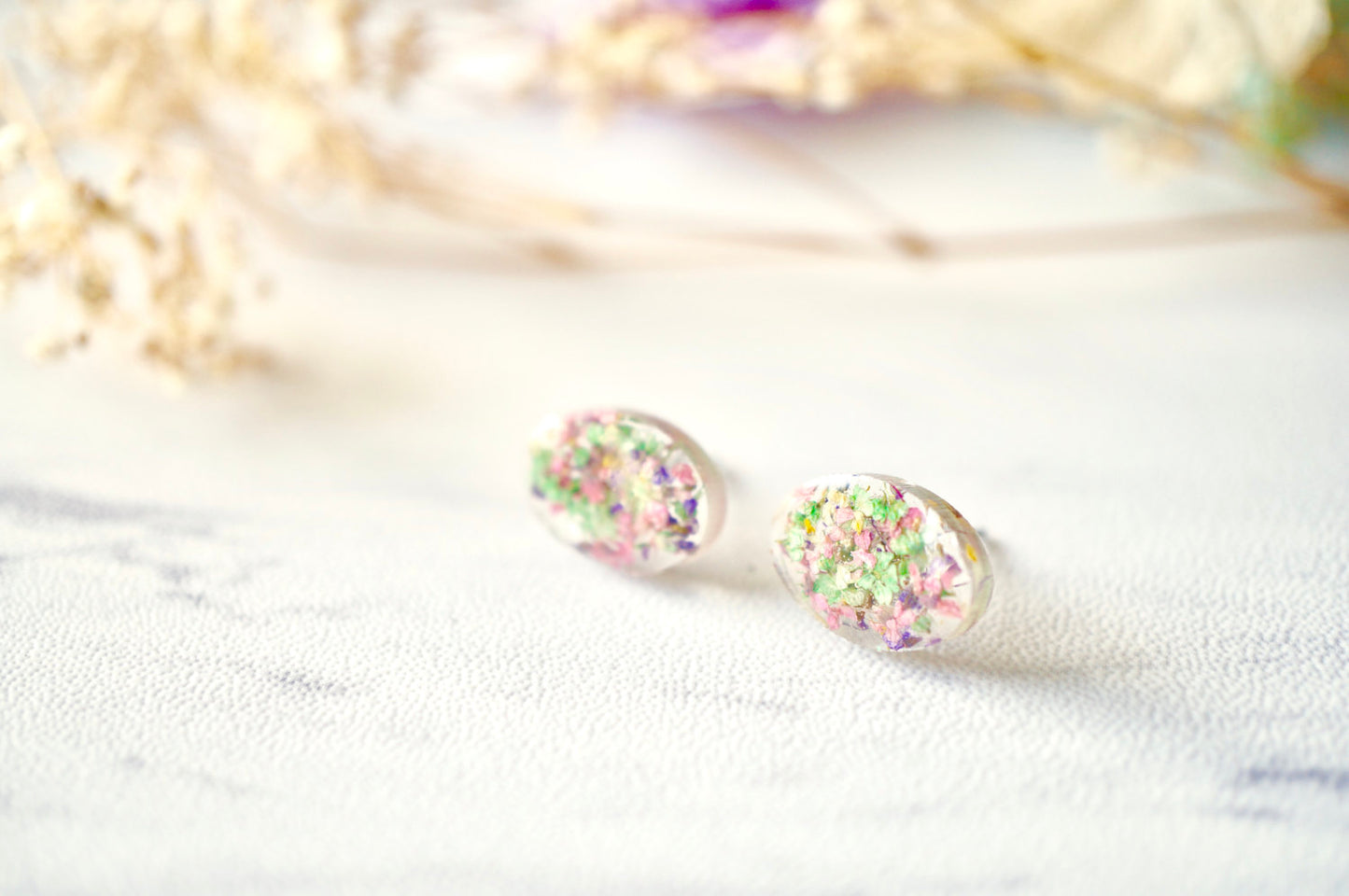 Real Dried Flowers and Resin Oval Stud Earrings in Purple Pink Green