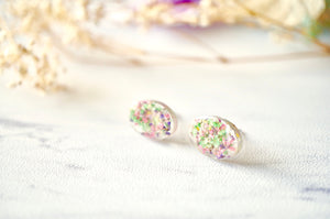 Real Dried Flowers and Resin Oval Stud Earrings in Purple Pink Green
