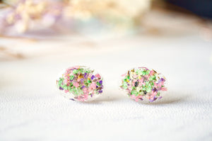 Real Dried Flowers and Resin Oval Stud Earrings in Purple Pink Green