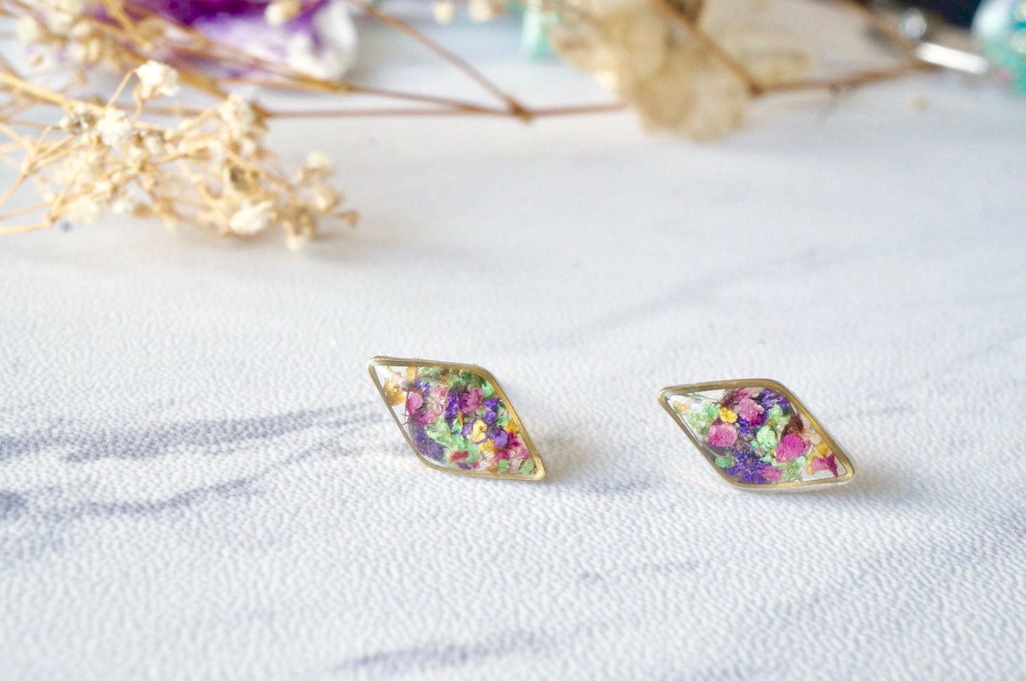 Real Dried Flowers and Resin Diamond Stud Earrings in Purple Pink Green Yellow Mix