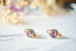 Real Dried Flowers and Resin Diamond Stud Earrings in Purple Pink Green Yellow Mix