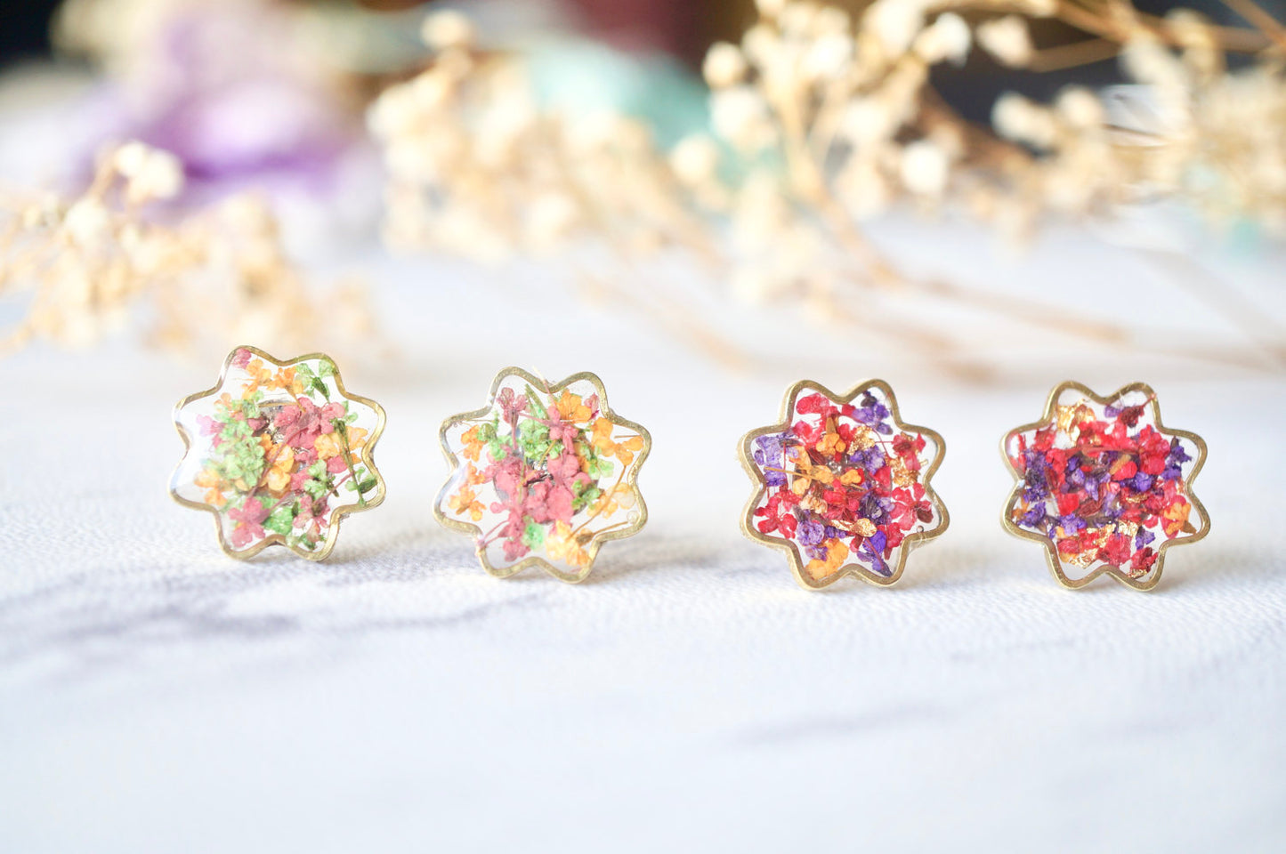 Real Dried Flowers and Resin Flower Stud Earrings in Red Purple Orange Mix