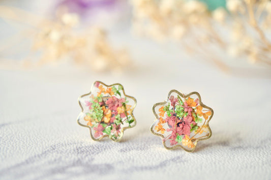 Real Dried Flowers and Resin Flower Stud Earrings in Pink Green Orange Mix