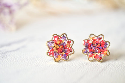 Real Dried Flowers and Resin Flower Stud Earrings in Red Purple Orange Mix