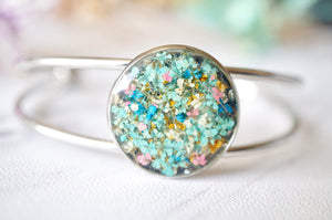 Real Dried Flowers and Resin Bracelet in Mint Blue Yellow Pink Mix