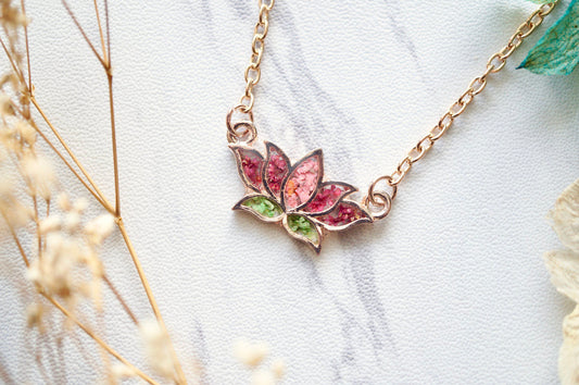 Real Pressed Flowers and Resin Necklace Rose Gold Lotus Flower in Pink and Green