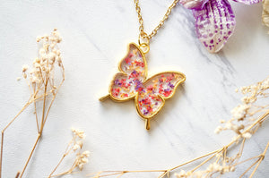 Real Dried Flowers and Resin Butterfly Necklace in Gold, Purple, Orange, Red
