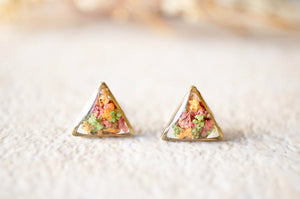 Real Dried Flowers and Resin Triangle Stud Earrings in Pink, Orange, Green