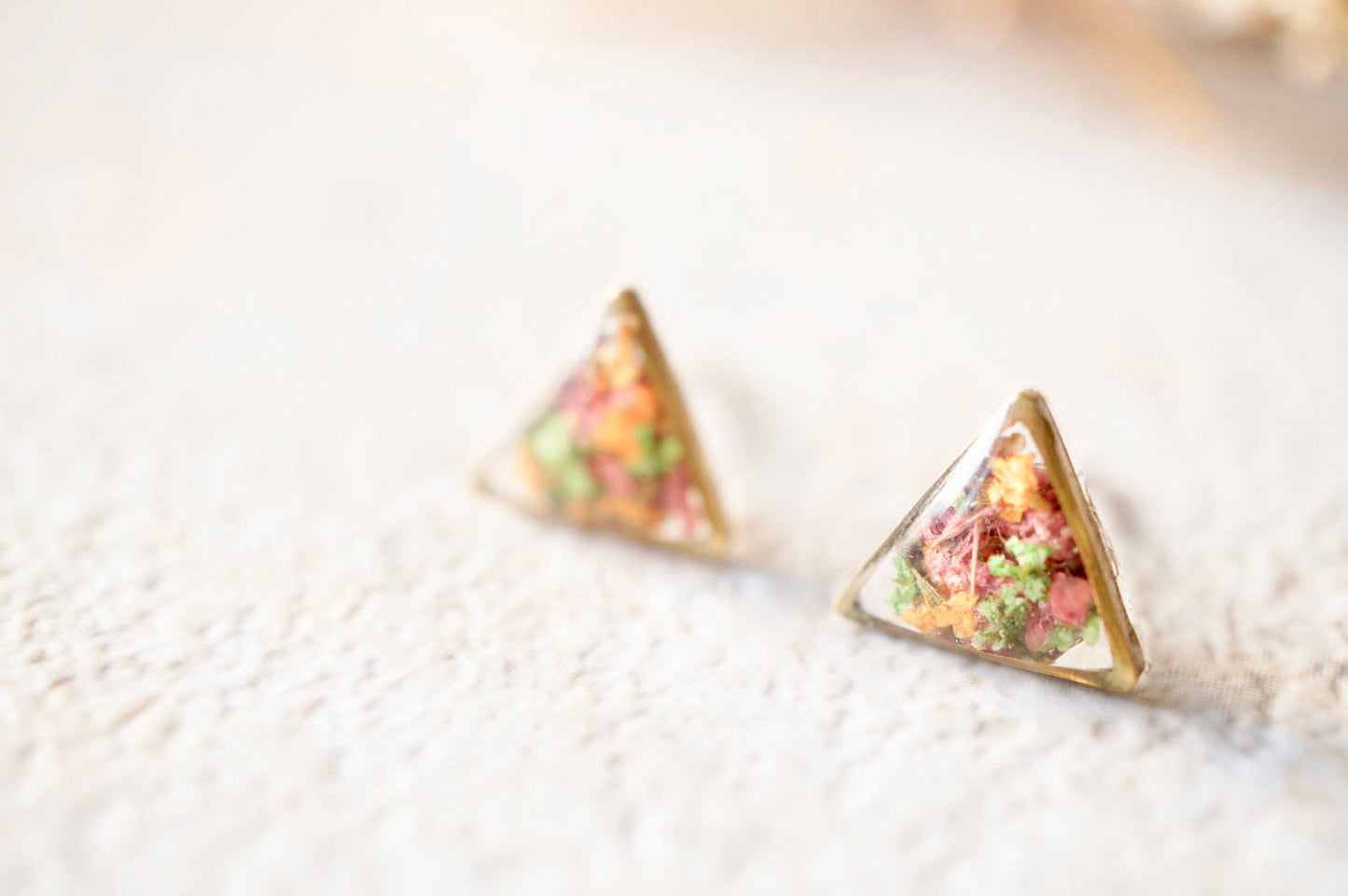 Real Dried Flowers and Resin Triangle Stud Earrings in Pink, Orange, Green