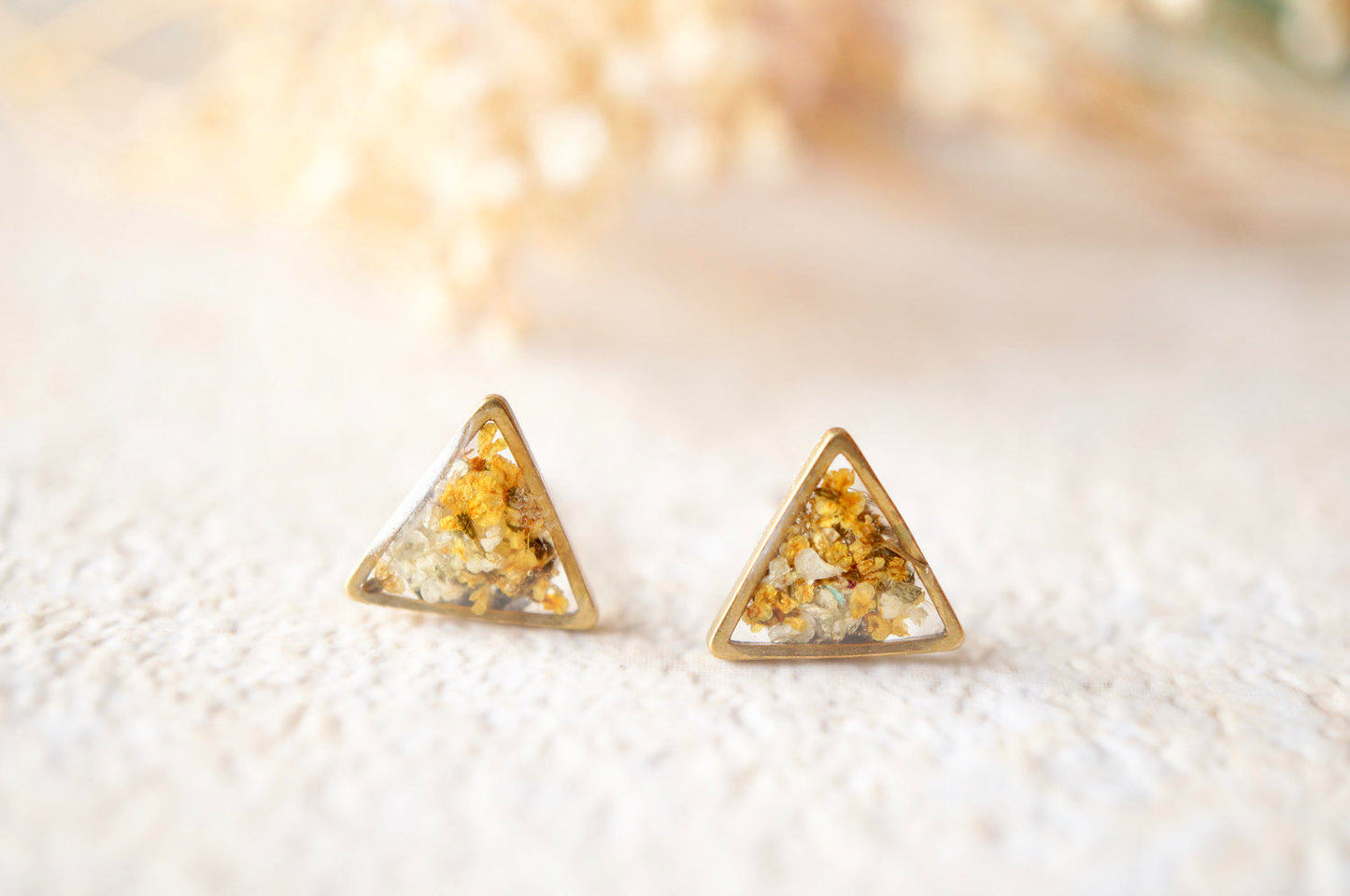 Real Dried Flowers and Resin Triangle Stud Earrings in Yellow and White