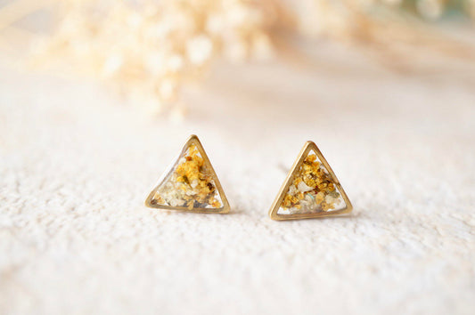 Real Dried Flowers and Resin Triangle Stud Earrings in Yellow and White