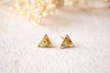 Real Dried Flowers and Resin Triangle Stud Earrings in Yellow and White