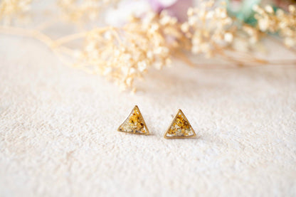 Real Dried Flowers and Resin Triangle Stud Earrings in Yellow and White