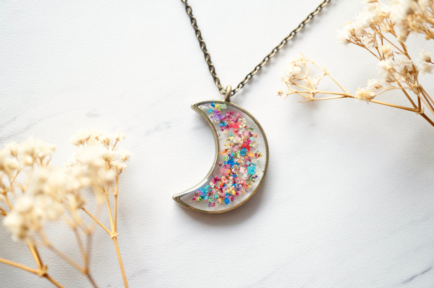 Real Dried Flowers and Resin Moon Necklace in Party Mix