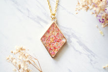 Real Dried Flowers and Resin Necklace Gold Diamond in Pinks, Orange, Gold Foil