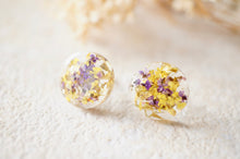 Real Dried Flowers and Resin Circle Stud Earrings in Purple, Yellow and Gold Flakes