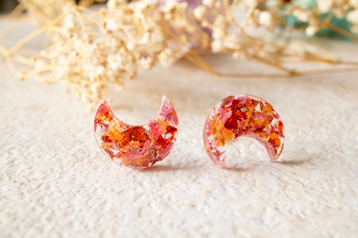 Real Pressed Flowers and Resin Celestial Moon Stud Earrings in Orange and Red