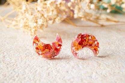 Real Pressed Flowers and Resin Celestial Moon Stud Earrings in Orange and Red
