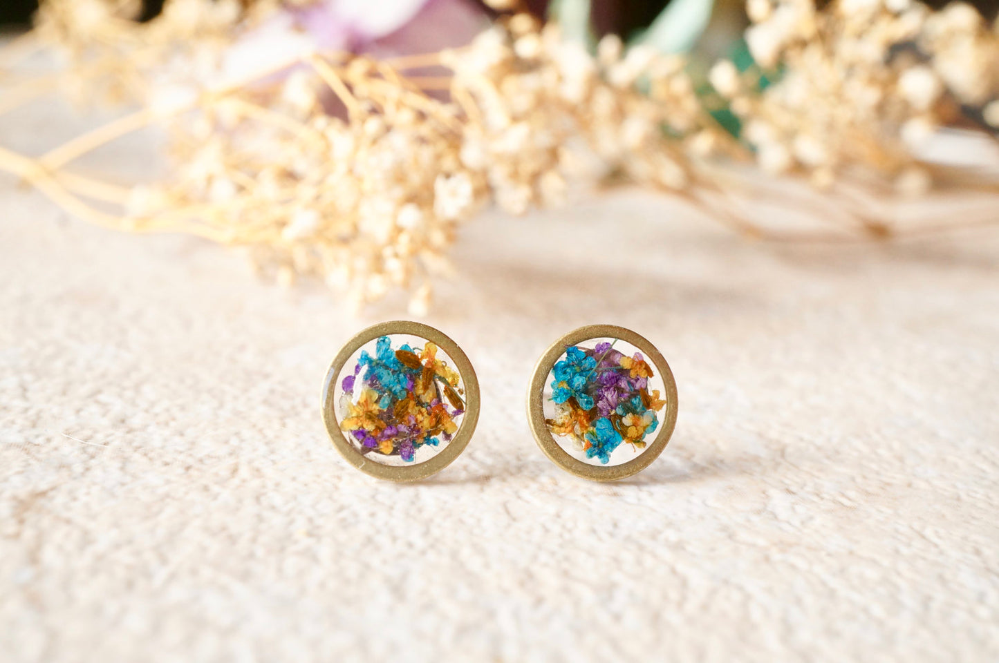 Real Dried Flowers and Resin Circle Stud Earrings in Purple Orange Blue