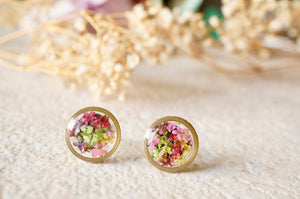 Real Dried Flowers and Resin Circle Stud Earrings in Purple Yellow Pink Red Green Mix