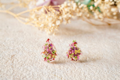 Real Dried Flowers and Resin Teardrop Stud Earrings in Pink Purple Yellow Red Green