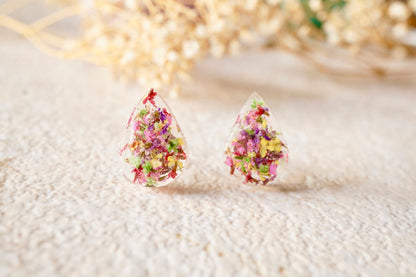 Real Dried Flowers and Resin Teardrop Stud Earrings in Pink Purple Yellow Red Green