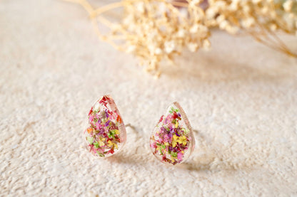 Real Dried Flowers and Resin Teardrop Stud Earrings in Pink Purple Yellow Red Green