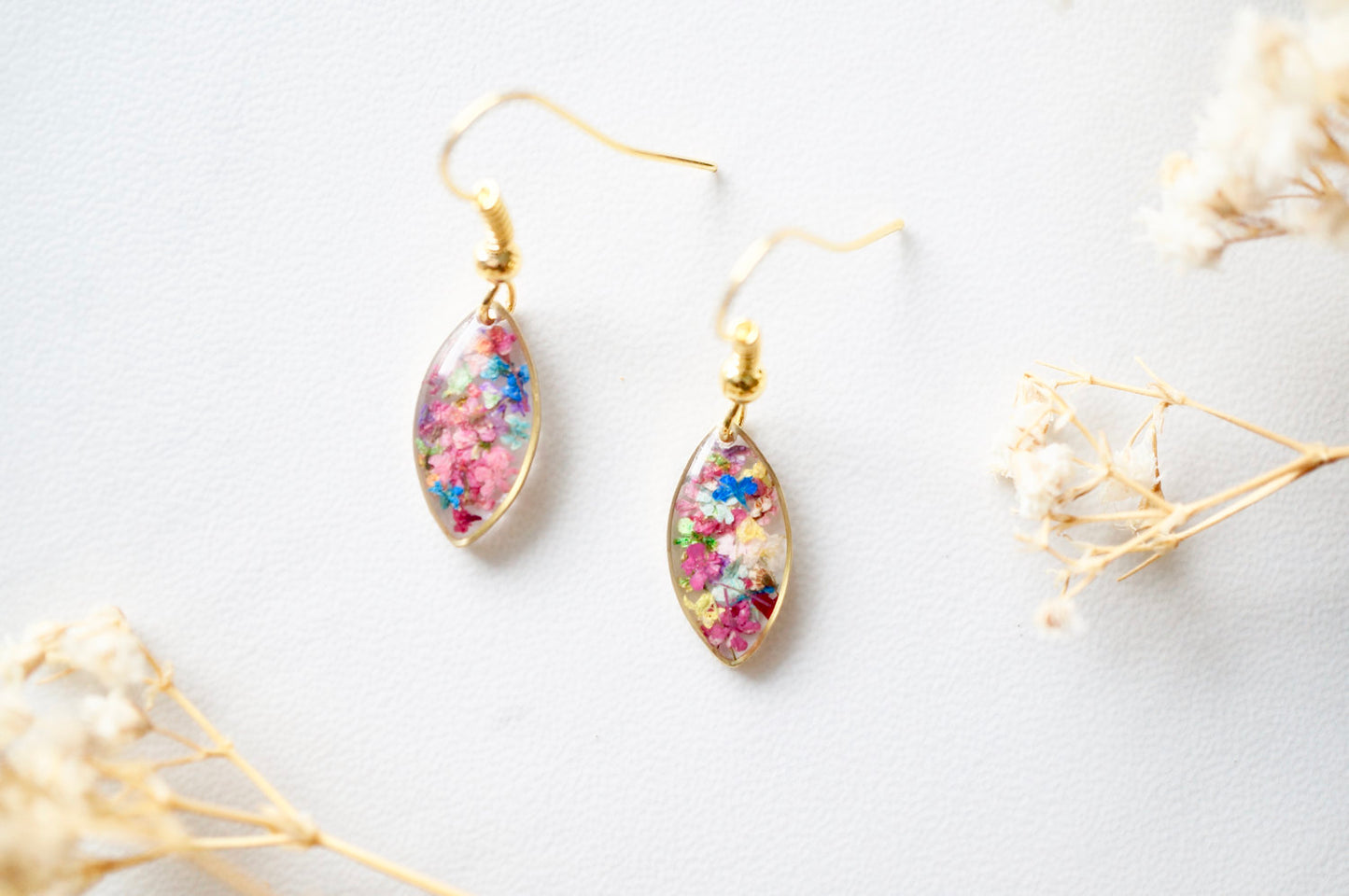 Real Dried Flowers and Resin Earrings in Gold and Party Mix