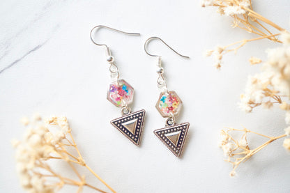 Real Dried Flowers and Resin Earrings in Silver and Party Mix with Tribal Boho Arrowhead