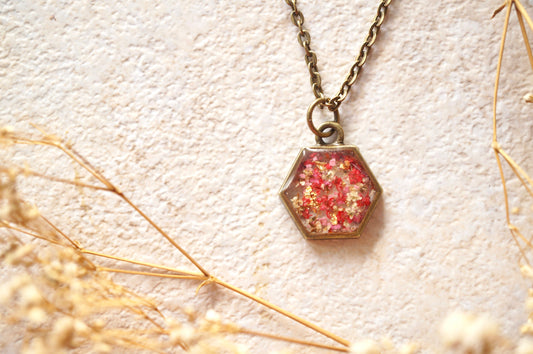 Real Dried Flowers in Resin Necklace, Hexagon in Pinks and White Mix