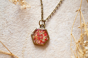 Real Dried Flowers in Resin Necklace, Hexagon in Pinks and White Mix
