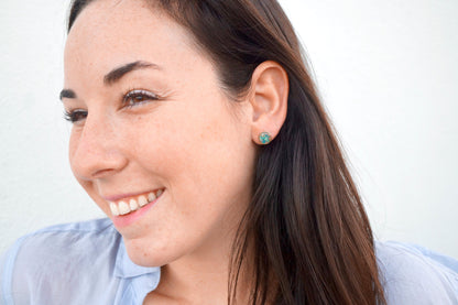 Real Dried Flowers and Resin Stud Earrings, Rose Gold Circle in Green and Blue