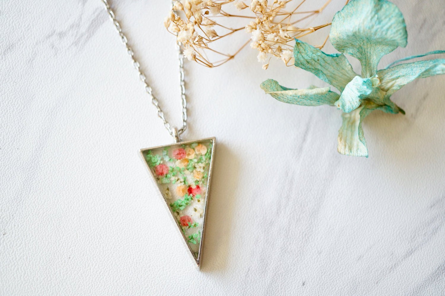 Real Pressed Flower and Resin Necklace Silver Triangle in Green Pink and Orange