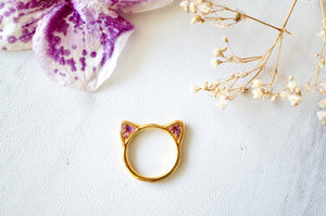 Real Pressed Flower and Resin Gold Cat Ring in Purples