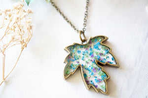 Real Pressed Flower and Resin Necklace Maple Leaf in Blue Purple Green