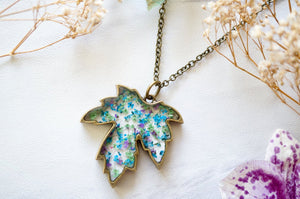 Real Pressed Flower and Resin Necklace Maple Leaf in Blue Purple Green