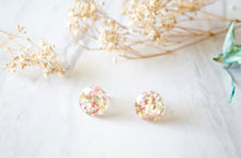 Real Dried Flowers and Resin Circle Stud Earrings in Pink Green Gold Flakes